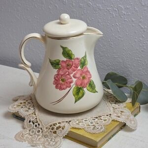 Vintage Hand Painted Floral Ceramic Teapot with Gold Trim Cream Pink Flower Pot